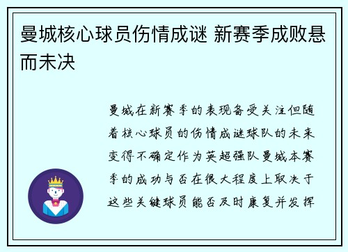 曼城核心球员伤情成谜 新赛季成败悬而未决