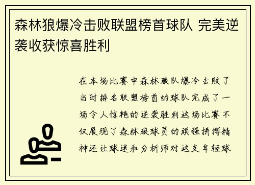 森林狼爆冷击败联盟榜首球队 完美逆袭收获惊喜胜利