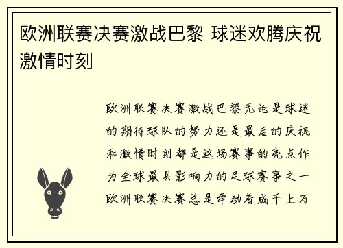 欧洲联赛决赛激战巴黎 球迷欢腾庆祝激情时刻
